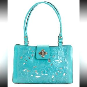 Patricia Nash Turquoise Tooled Turquoise Rosina Leather Purse Satchel Tote
